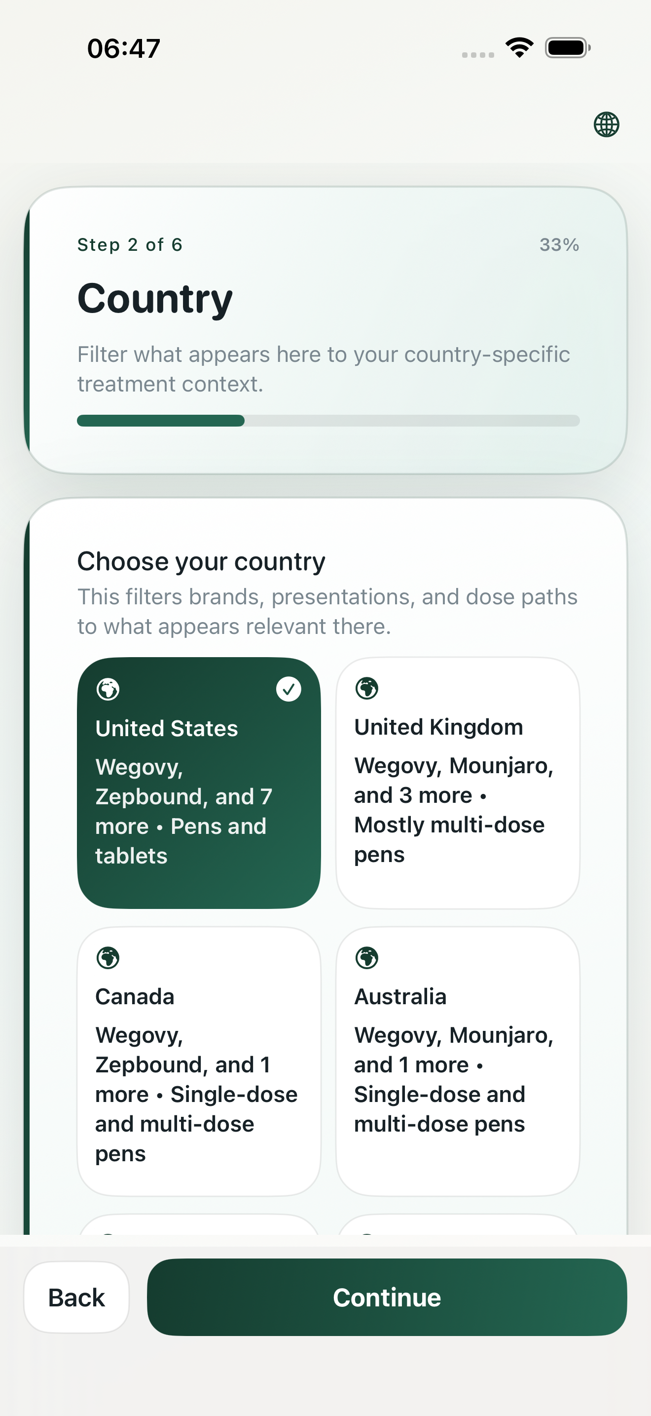 GLPzy country-aware setup screen showing region-specific brand and presentation coverage.