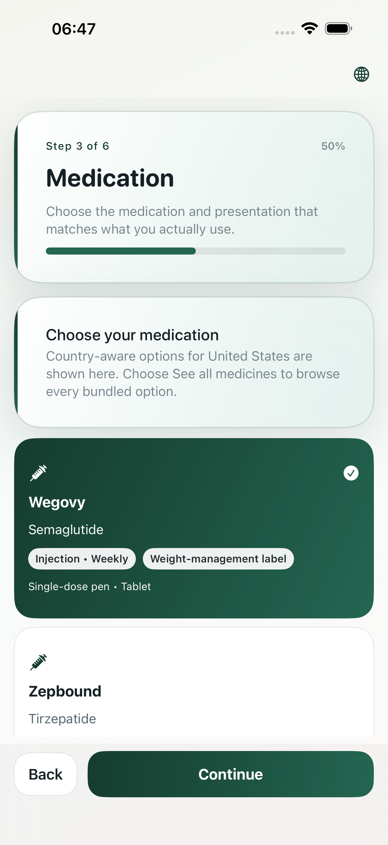 GLPzy medication setup screen showing extensive medicine coverage across brands, ingredients, and presentation types.