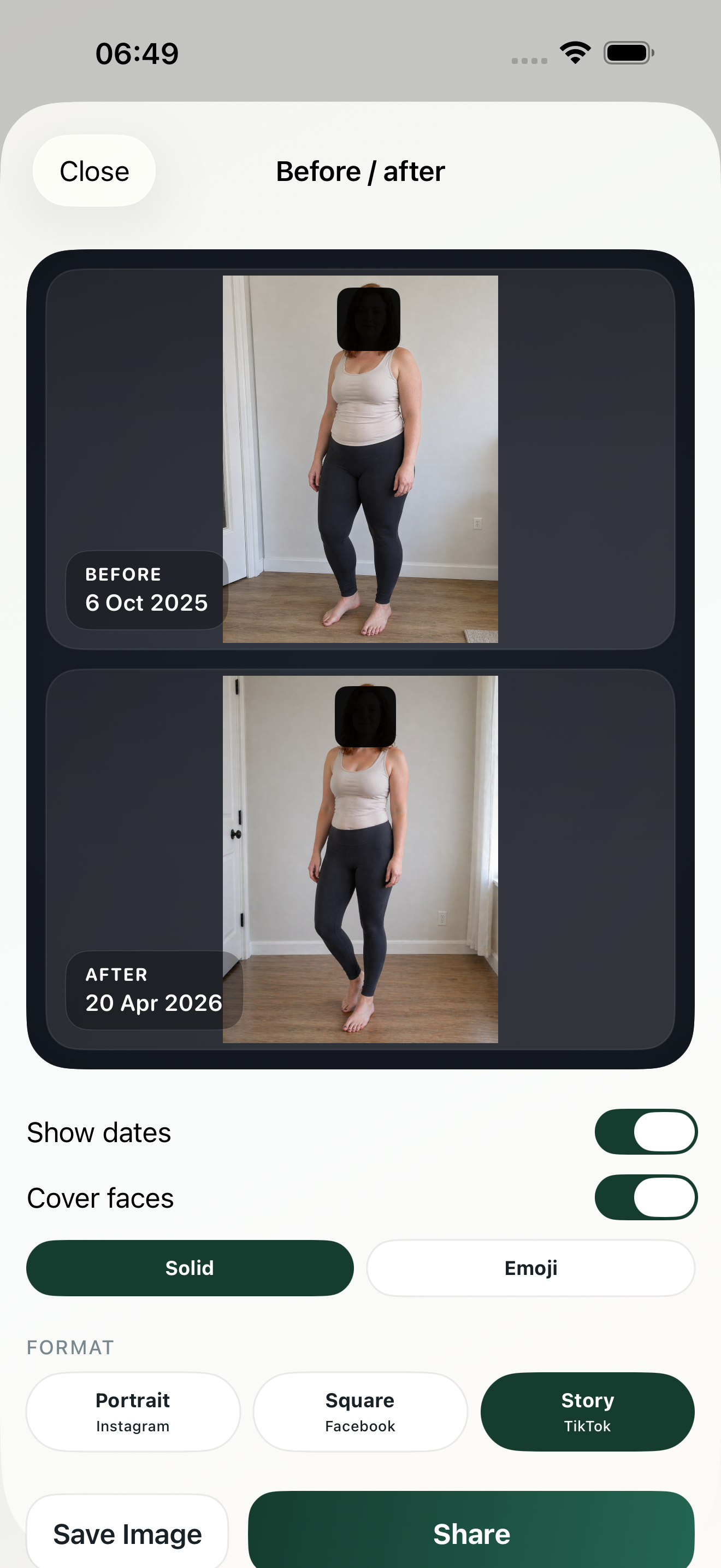 GLPzy before-and-after export screen for building private progress images to save or share.