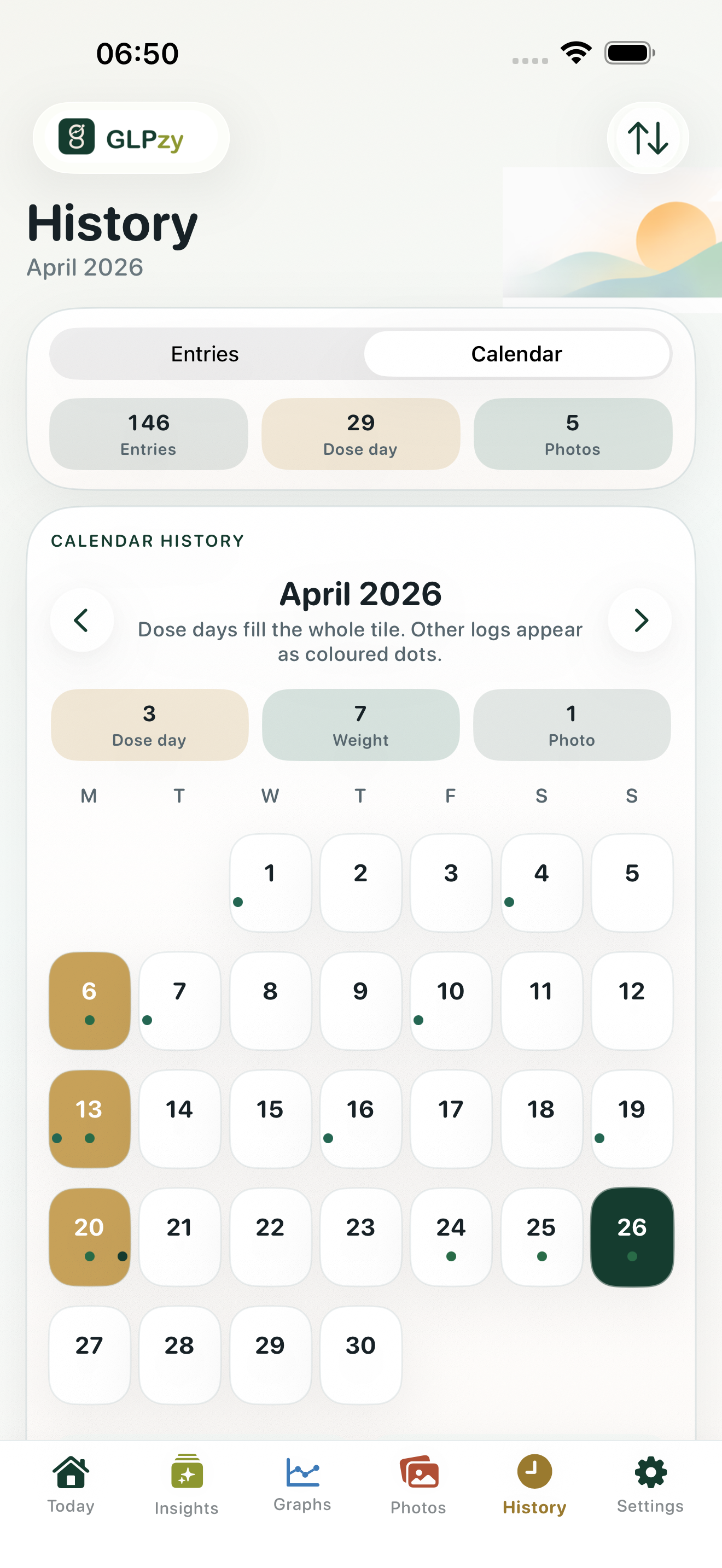 GLPzy history screen showing calendar-based routine review.
