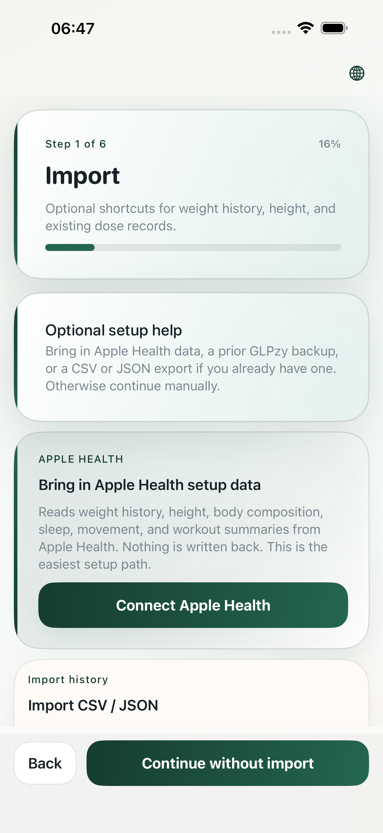 GLPzy onboarding and import screens showing local-first setup flow.