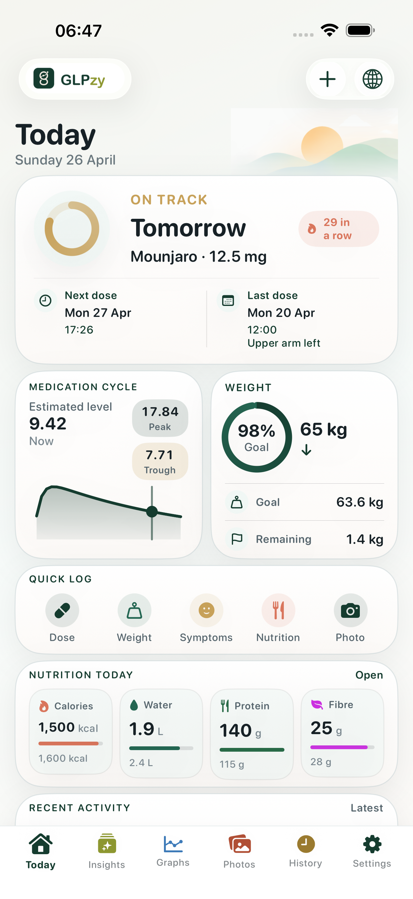 GLPzy Today screen with next dose timing, last activity, and quick log actions.