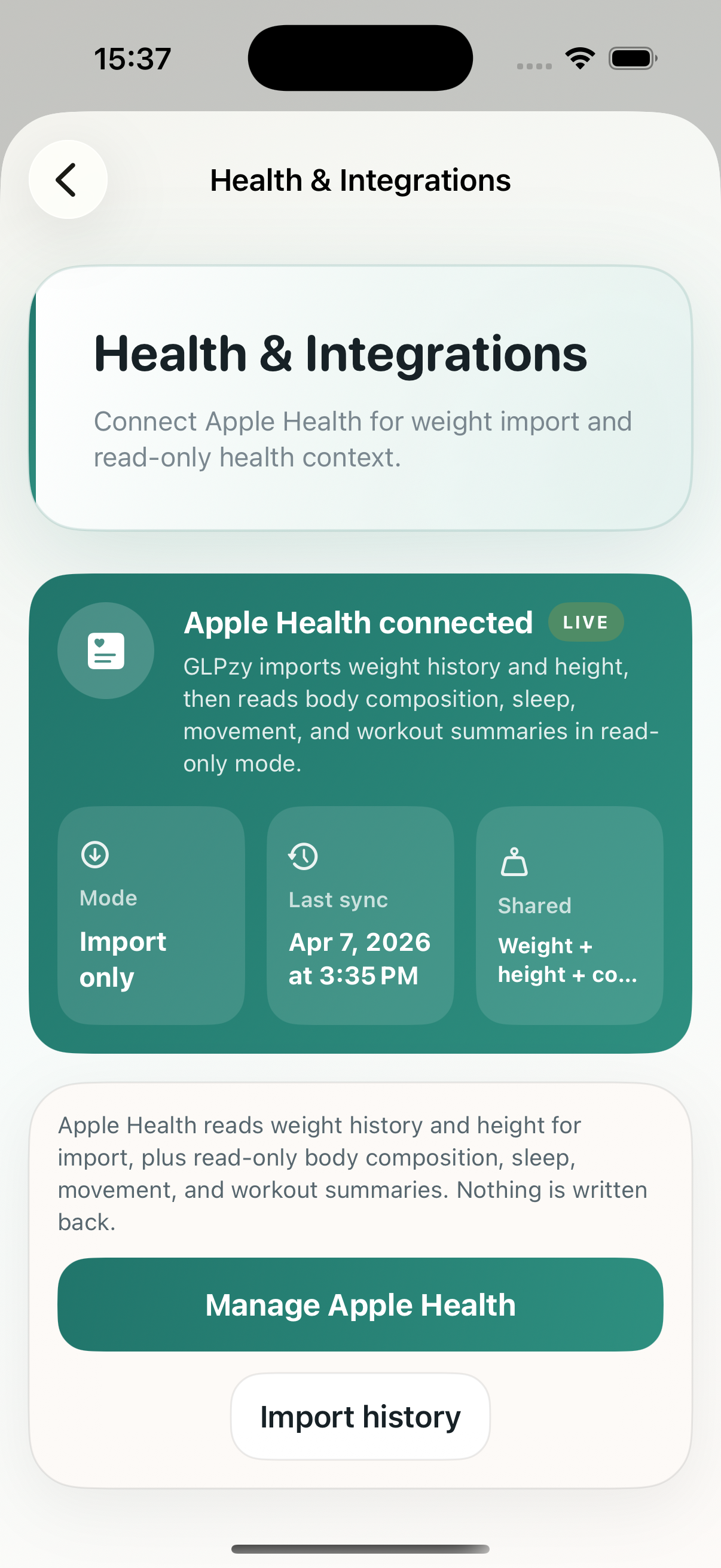 GLPzy settings screen with Health and Integrations controls.