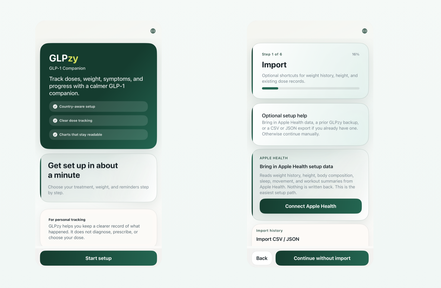 Current GLPzy welcome and import screens from the release-ready app.